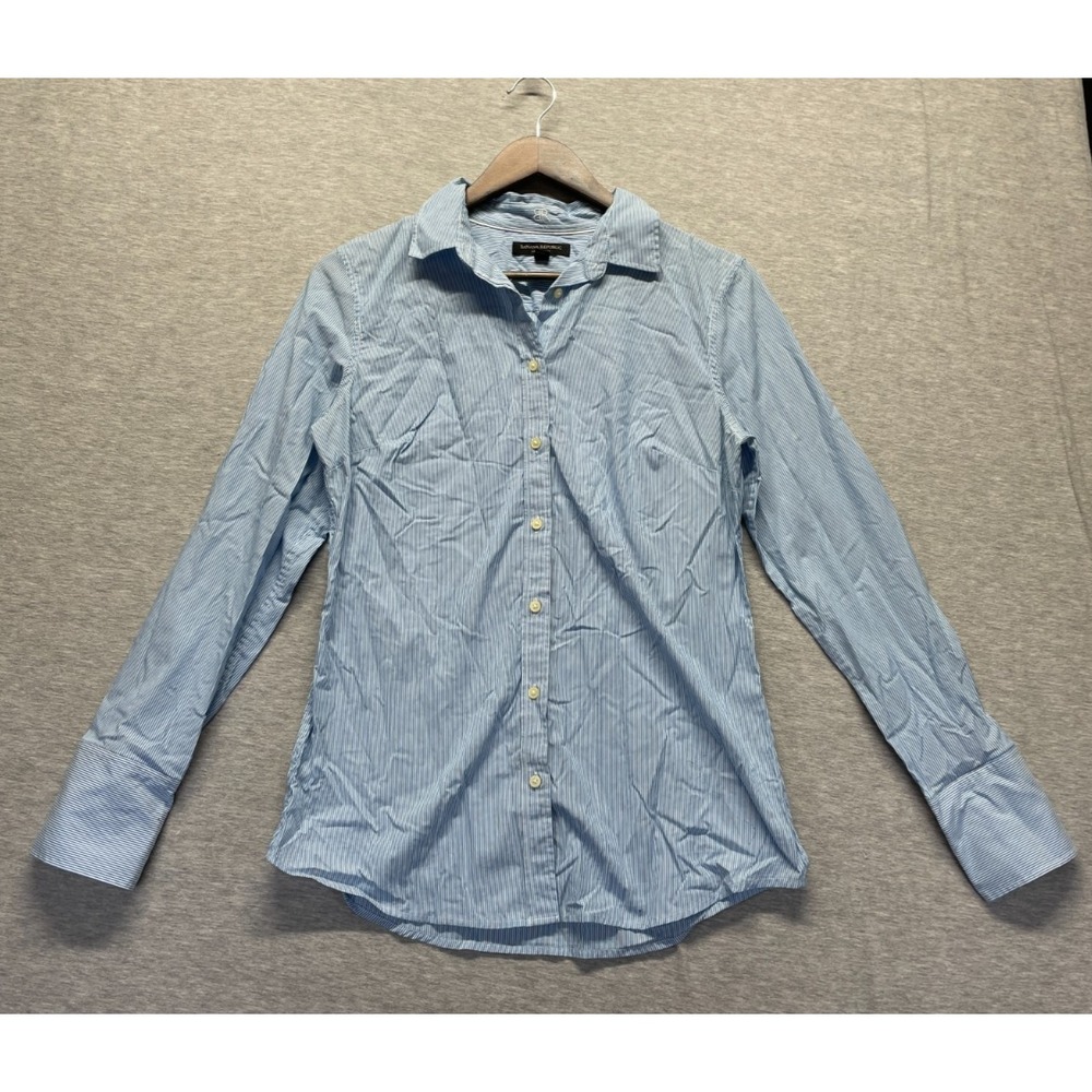 Banana Republic Riley Shirt Women 8 Blue White Vertical Striped Cotton Button Up